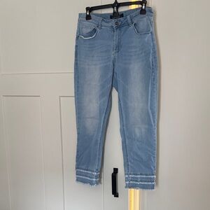 Charlie B Light Blue Women's Cropped Jeans with fringe detail